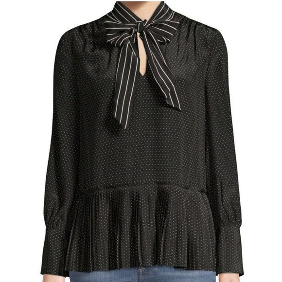 Frame Black and white Polka Dot Peplum Pleated Blouse Tie Neck Long Sleeve top - Picture 1 of 7